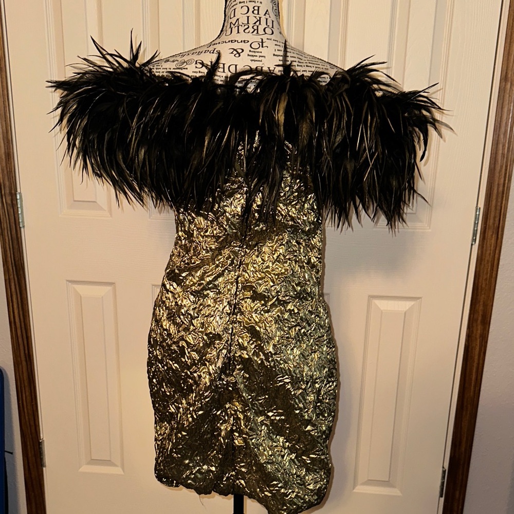 Vintage Black and Gold Feather Off-Shoulder Dress - Picture 2 of 2
